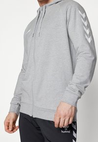 Sweat à capuche zippé gris clair en tissu doux. Comprend des poignets et un ourlet côtelés, avec des accents en chevron blanc sur les manches et un logo sur la poitrine.
