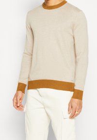 Pull beige en tricot avec col rond et poignets moutarde, manches longues, et texture lisse. Porté avec un pantalon cargo blanc.
