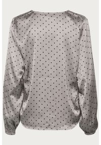 Silky gray blouse featuring long, gathered sleeves and black polka dots. Square neckline with a straight hem and smooth texture.