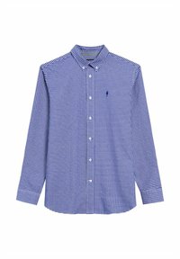 Niebiesko-biała koszula z długim rękawem w kratkę, z kołnierzykiem zapinanym na guziki, ozdobiona małym haftowanym logo i standardowym zapięciem na guziki z przodu.