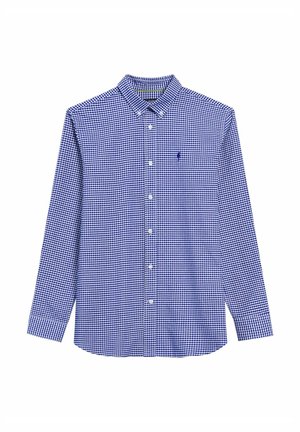 Niebiesko-biała koszula z długim rękawem w kratkę, z kołnierzykiem zapinanym na guziki, ozdobiona małym haftowanym logo i standardowym zapięciem na guziki z przodu.