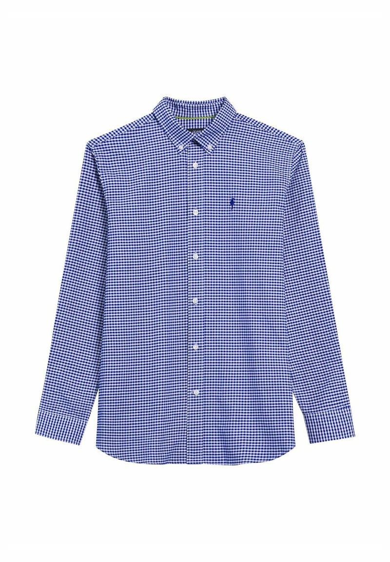 Niebiesko-biała koszula z długim rękawem w kratkę, z kołnierzykiem zapinanym na guziki, ozdobiona małym haftowanym logo i standardowym zapięciem na guziki z przodu.