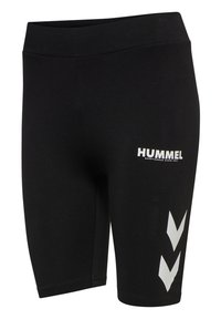Zwarte atletiekshorts tot op de knie met wit "HUMMEL"-logo en twee witte chevrons op het rechterbeen.