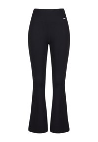 Leggings negros acanalados de corte acampanado con cinturilla alta, fabricados en tejido elástico. Presentan un pequeño detalle de logo cerca de la cinturilla.