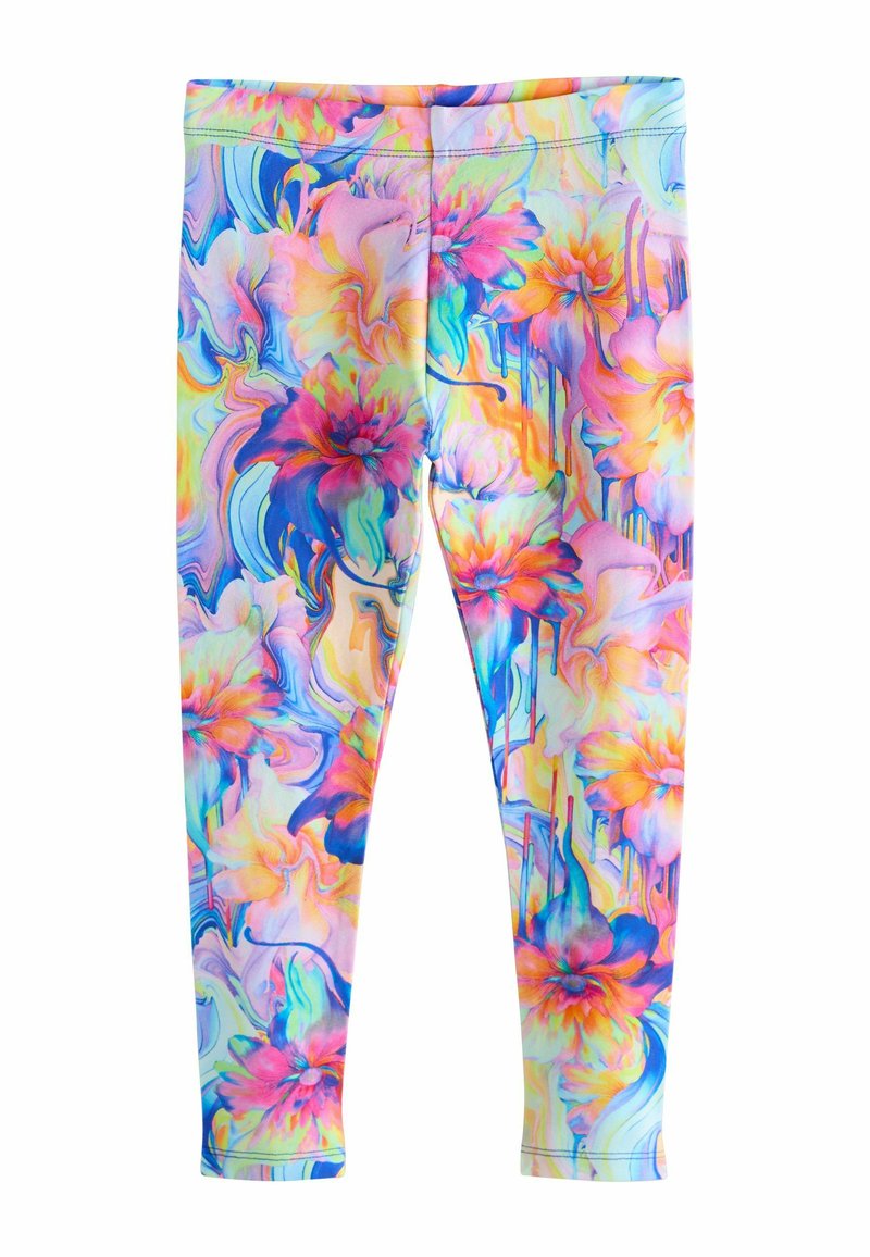 Colanți colorați cu un model floral viu în roz, violet, albastru și galben pe un fundal deschis. Material elastic, design mulat.
