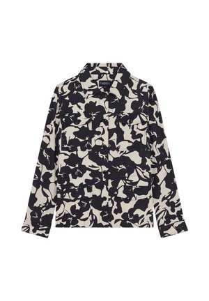 Blumenmuster-Hemdjacke in Creme und Marine, mit zwei Fronttaschen, Knopfverschluss und langen Ärmeln. Strukturierte Stoffoberfläche.