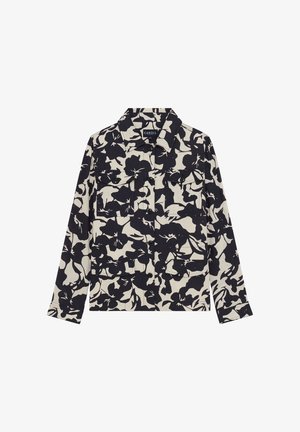 Blumenmuster-Hemdjacke in Creme und Marine, mit zwei Fronttaschen, Knopfverschluss und langen Ärmeln. Strukturierte Stoffoberfläche.