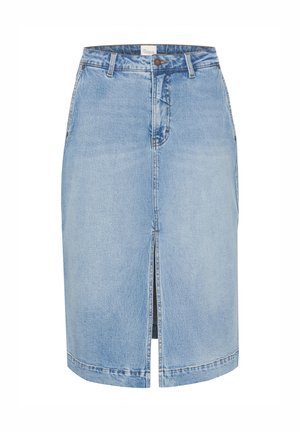 Gonna di jeans azzurro chiaro con spacco frontale, design a cinque tasche, chiusura con bottone e cuciture a tono. Vita standard con silhouette dritta.