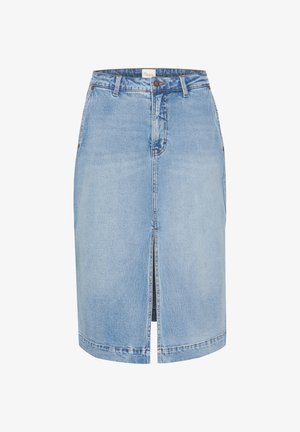 Light blue denim skirt with a front slit, five-pocket design, button closure, and tonal seams. Standard waist with a straight silhouette.