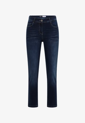 Jean droit bleu foncé avec bouton et fermeture éclair à l'avant, doté de poches avant et arrière ainsi que d'un léger effet délavé.