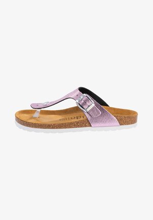 Light pink thong sandals with textured upper, adjustable silver buckle, cork footbed, and white rubber sole.