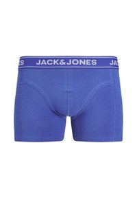 Niebieskie bawełniane bokserki o dopasowanym kroju. Posiadają białą elastyczną tasiemkę w talii oraz gładką, równą fakturę.