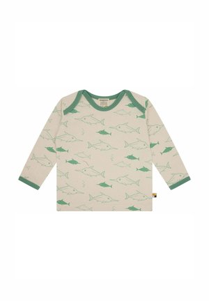 Lange mouwen shirt gemaakt van crèmekleurig katoen met een groen vissenspatroon en contrasterende groene geribbelde halslijn, met een klein label aan de zijkant.