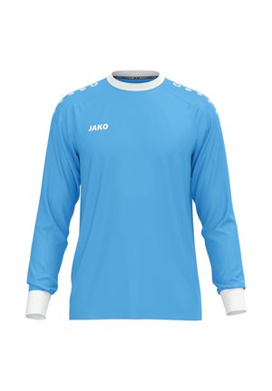 Langærmet sportstrøje i lyseblå med hvid krave og manchetter, med "JAKO" logo på højre bryst og hvide skulderdetaljer.