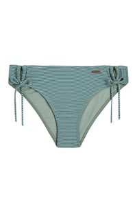 Prugasti zeleni bikini donji dio s vezicama sa strane, izrađen od mekanog materijala s glatkom teksturom. Pogodan za upotrebu kao kupaći kostim.