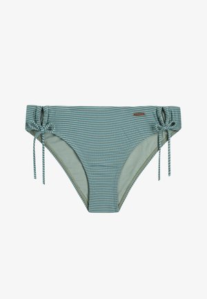 Bas de bikini rayé vert avec des liens à nouer sur les côtés, fabriqué dans un tissu doux et à la texture lisse. Convient pour une utilisation en maillot de bain.