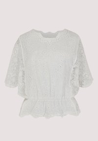 Blusa blanca de encaje con bordado floral, mangas cortas, escote redondo y cintura elástica. Presenta un dobladillo festoneado y patrones delicados.