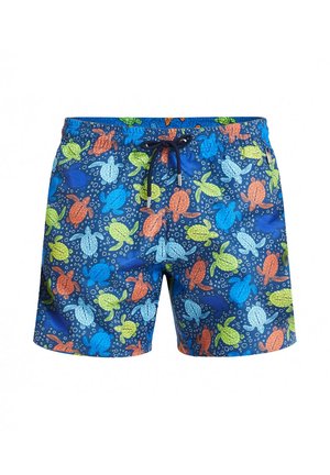 Blaue Badshorts mit verschiedenen Schildkröten in Orange, Grün und Blau auf einem dunkelblauen Hintergrund mit weißen Blasen und einem Kordelzugbund.