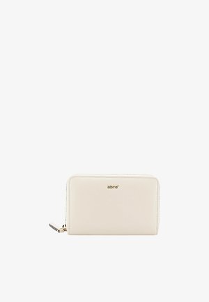 White leather wallet with a zip closure, smooth texture, and subtle gold branding. Features a cloth zipper pull for easy access.