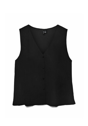 Czarna bluzka bez rękawów z dekoltem w serek i czterema frontowymi guzikami, charakteryzująca się luźnym, zwiewnym krojem i gładką fakturą tkaniny.