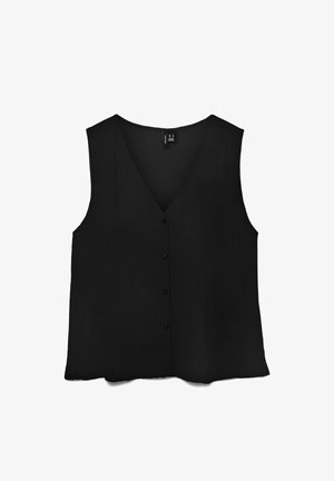 Czarna bluzka bez rękawów z dekoltem w serek i czterema frontowymi guzikami, charakteryzująca się luźnym, zwiewnym krojem i gładką fakturą tkaniny.