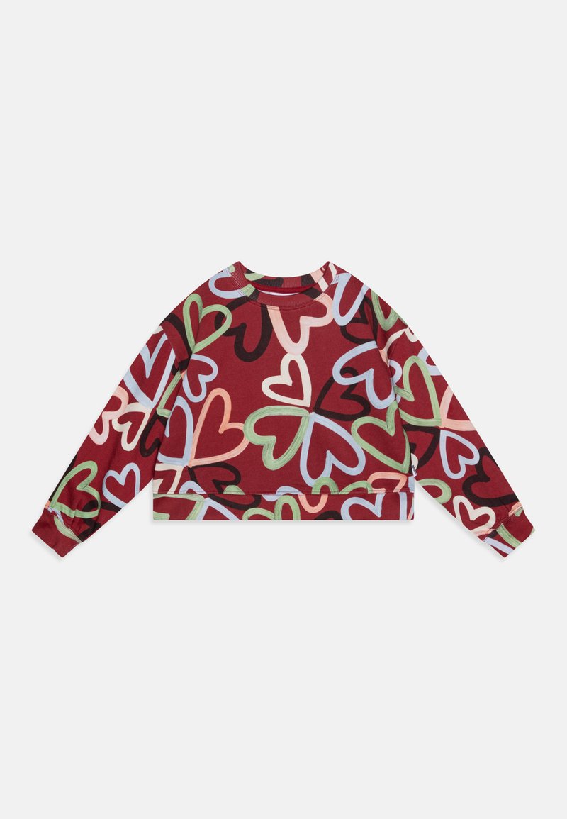 Felpa cropped a girocollo rossa con un motivo a cuori multicolore. Presenta maniche lunghe e polsini e orlo a costine. Tessuto morbido.