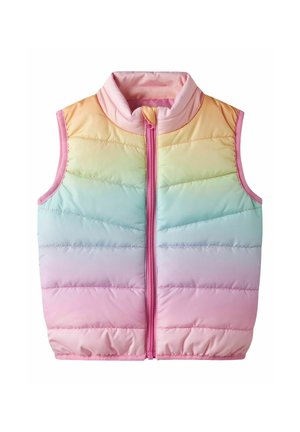 Ermeløs polstret vest med glidelås foran, med et pastellfarget regnbuegradient fra lys rosa til gul, grønn og blå.