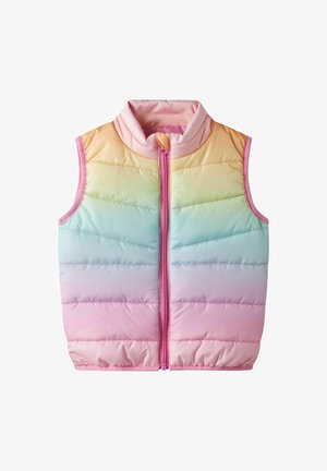 Chaleco sin mangas acolchado con cremallera frontal, que presenta un degradado arcoíris pastel desde rosa claro hasta amarillo, verde y azul.