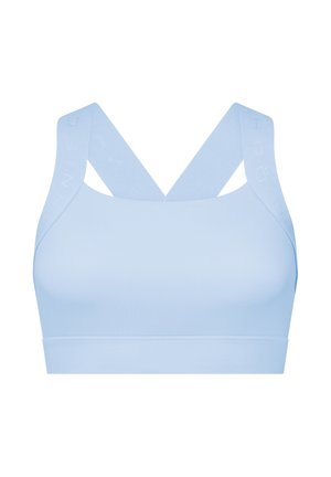 Vaaleansininen urheiluliivi, jossa on sileä pinta, ristikkäiset olkaimet ja leveä alareuna. Olkaimissa on hienovarainen brändäys.