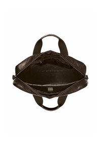 Borsa in pelle nera con doppi manici e chiusura a zip. L'interno presenta una fodera liscia e una tasca piccola. Forma compatta e rettangolare.
