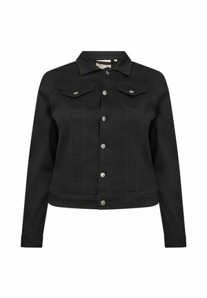 Sort denimjakke med lange ærmer, trykknaplukning, to brystlommer og en cropped pasform. Stoffet har en glat overflade.