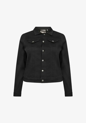 Crna traper jakna s dugim rukavima, zatvaranjem na dugmiće, dva džepa na prsima i skraćenim krojem. Tkanina ima glatku teksturu.