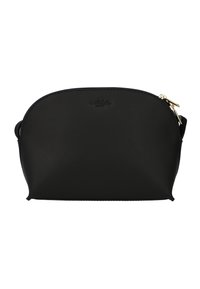 Black leather pouch with rounded top, zipper closure, and gold hardware. Features a smooth texture and simple design, suitable for various uses.
