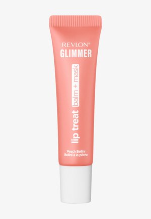 Baume et masque pour les lèvres Revlon Glimmer Peach Bellini dans un tube corail avec un bouchon blanc et un texte blanc.
