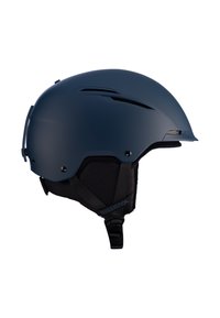 Tummansininen hiihtokypärä, jossa on matta pinta, ilmanvaihtoaukot ja musta pehmustus. Säädettävä hihna, jossa on brändityyli sivussa.