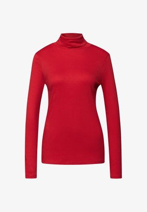 Maglietta rossa a maniche lunghe con colletto alto, realizzata in tessuto morbido e elasticizzato. Design aderente con una texture liscia e un colletto alto. Senza fantasie né accenti.