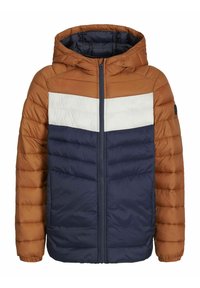 Padded bunda s hnedou hornou časťou, bielym horizontálnym pruhom a námorníckou dolnou časťou. Má kapucňu a zips. Textúrovaný povrch.
