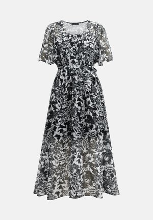Black and white floral maxi dress with short sleeves, scoop neck, cinched waist, and a sheer texture, featuring a flowing skirt.