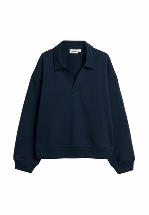 Marineblauw sweatshirt met lange mouwen, een kraag en een diepe V-hals, geribbelde manchetten en een losse pasvorm.