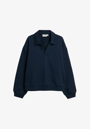 Laivastonsininen pitkähihainen collegepaita, jossa on kaulus ja syvä V-pääntie, resoritetut hihansuut ja väljä istuvuus.