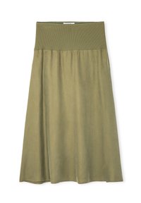 Jupe olive longue jusqu'aux genoux avec une taille côtelée. Tissu doux et lisse avec une coupe légèrement évasée et sans motifs ni accents visibles.