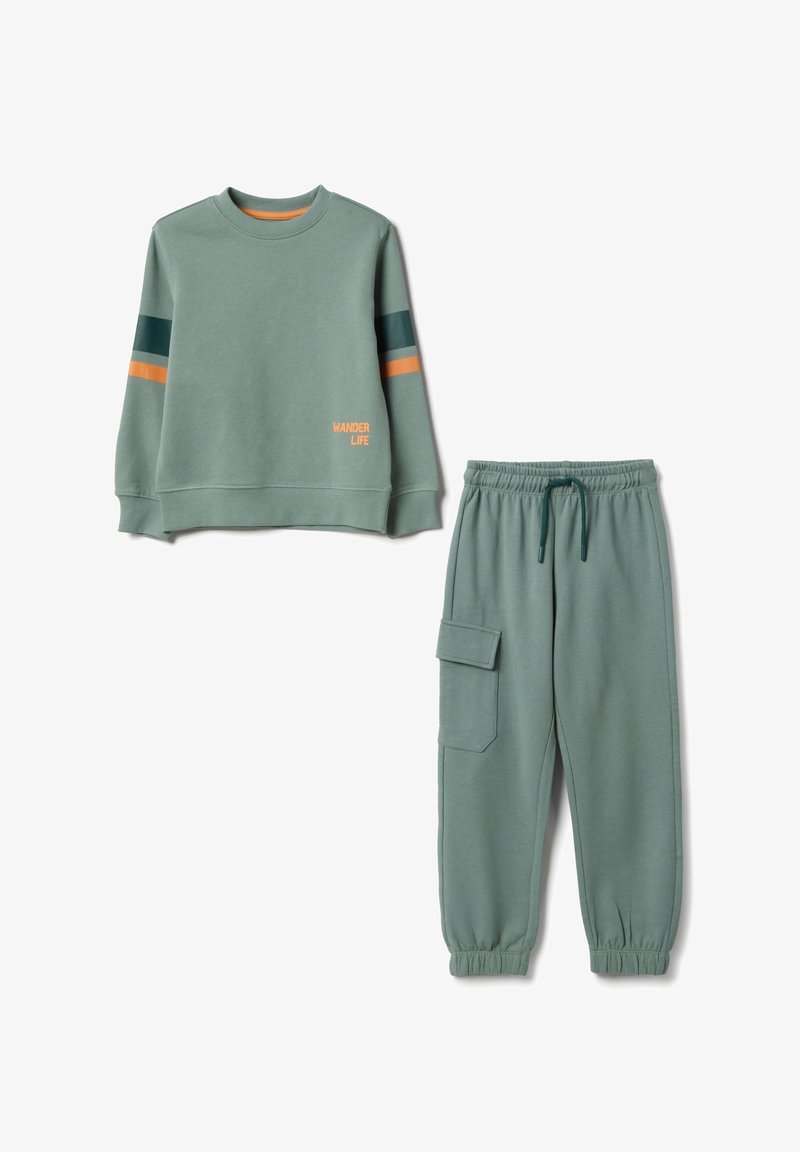 Green sweatshirt and matching joggers set, made of soft fabric. Sweatshirt features striped accents and "WANDER LIFE" text. Pants have a side pocket.