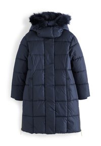 Tamno plava puffer jakna s odvojivom kapuljačom od krzna, kviltani dizajn, bočne džepove i zatvaranje na zip na rubu.
