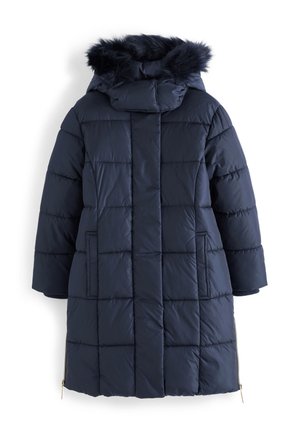 Manteau matelassé bleu marine avec capuche amovible bordée de fourrure, design matelassé, poches latérales et fermeture éclair à l'ourlet.