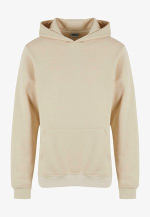 Beige hooded sweatshirt with a front pouch pocket, ribbed cuffs, and hem; made of soft fabric with a smooth texture.