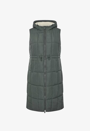 Ärmelweste in Dunkelgrün mit einem Steppmuster, Frontreißverschluss, Kordelzug in der Taille und einer Kapuze, die mit weichem Stoff gefüttert ist.