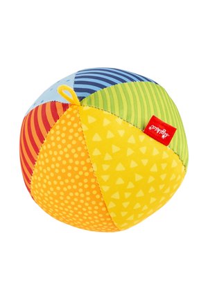 Soft fabric ball with multicolored panels in yellow, green, blue, red, and orange patterns, featuring a small yellow loop and red brand tag.
