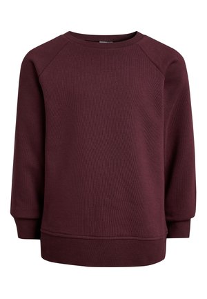 Sweat-shirt col rond bordeaux foncé uni, manches longues avec poignets et ourlet côtelés, présenté sur un fond blanc.