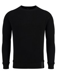Schwarzer gestrickter Pullover mit langen Ärmeln, runder Halslinie, gerippten Bündchen und Saum. Verfügt über ein kleines graues Akzentdetail an der Seite.