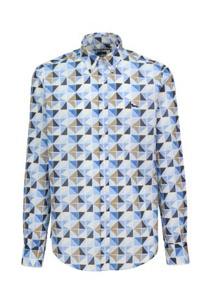 Srajca s pritiskači iz bombaža, z geometričnim vzorcem modrih, rjavih in belih trikotnikov. Klasičen ovratnik in dolgi rokavi.